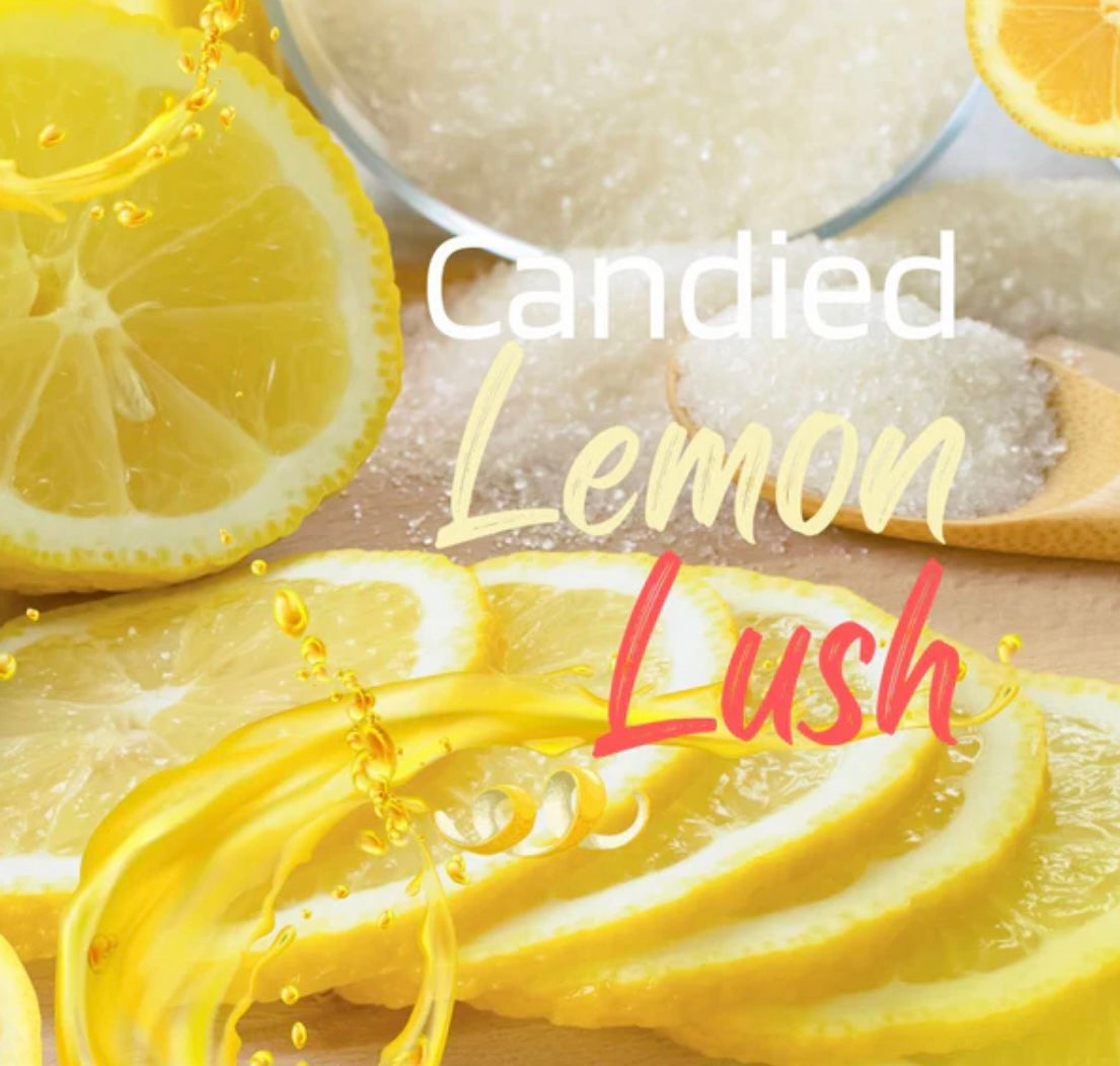 Candied Lemon Lush. Delightful and irresistible aroma of Candied Lemon Lush Fragrance Oil. Featuring the essence of Sorrento lemons, bright lemon zest, and fresh sugarcane, this scent is reminiscent of sunshine and sweetness that will uplift your mood.